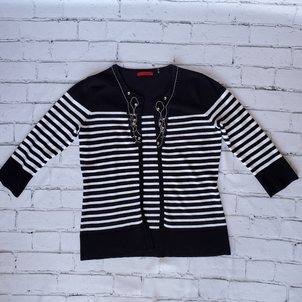 RED Open Cardigan Sweater Black & White Striped Size Medium